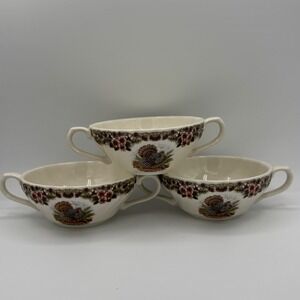 Queen's Thanksgiving Myott Factory Turkey Soup Bowls Set of 3 Double Handled